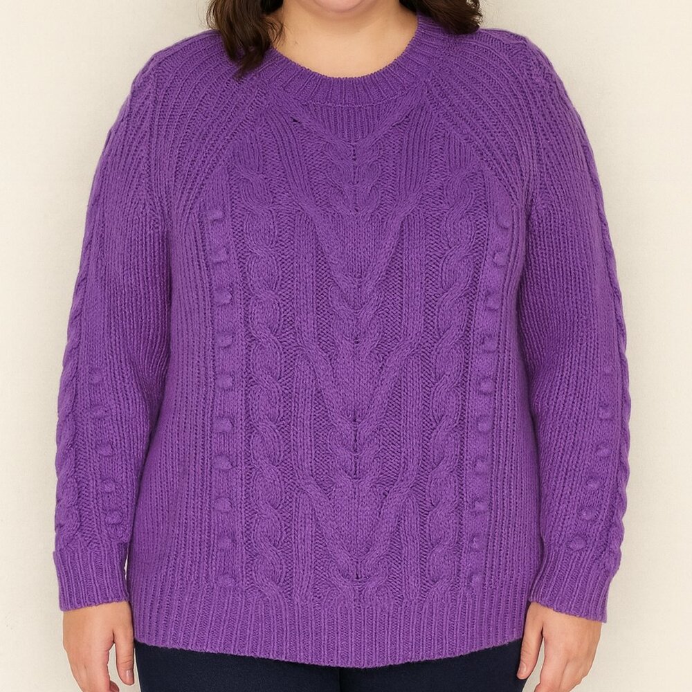 Lane Bryant 18/20 Purple Cable Knit Pom Pom Cotton Blend Knit Sweater Plus 1X
